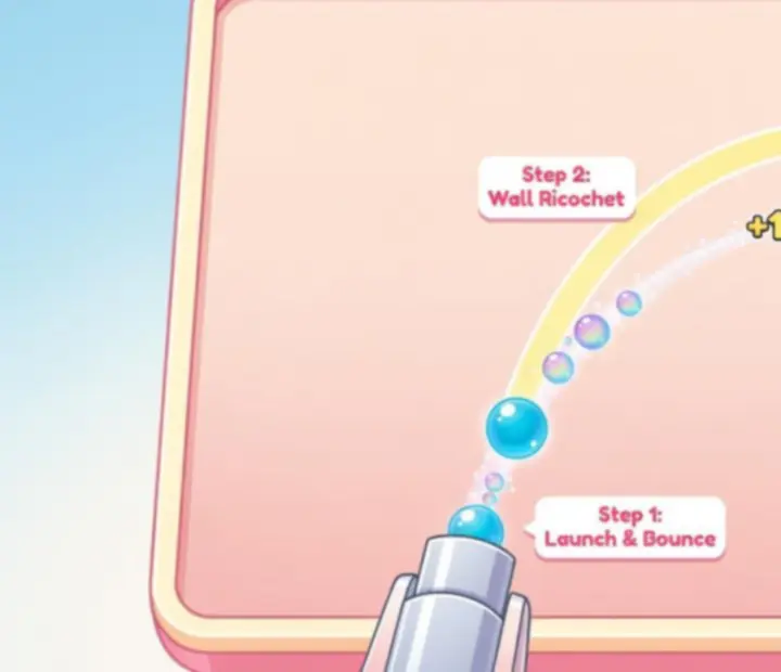 Advanced bubble-clearing techniques including wall bounces and bank shots in Sweet Bubble Shooter