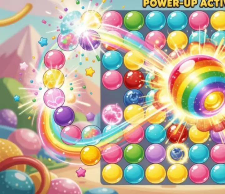 Illustration of Rainbow Bubble and Super Bomb boosters amplifying combo chains in Sweet Bubble Shooter