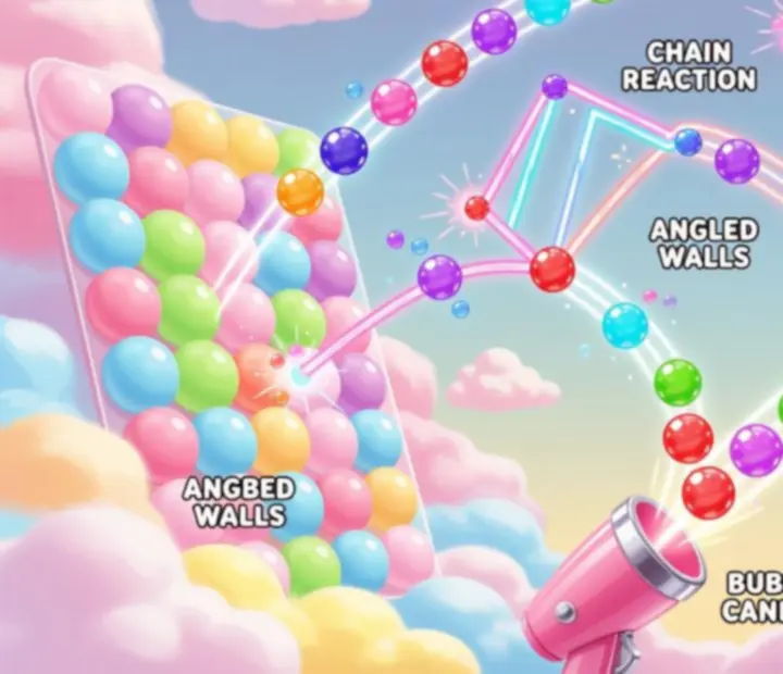 Diagram illustrating Sweet Bubble Shooter bubble trajectories, rebounds, and cluster-breaking paths