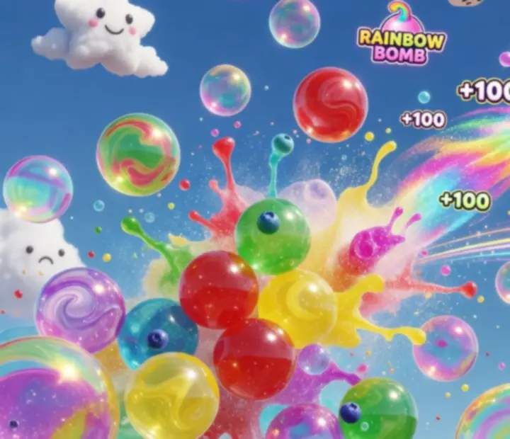 Colourful Sweet Bubble Shooter board with candy bubbles bursting against a bright sky