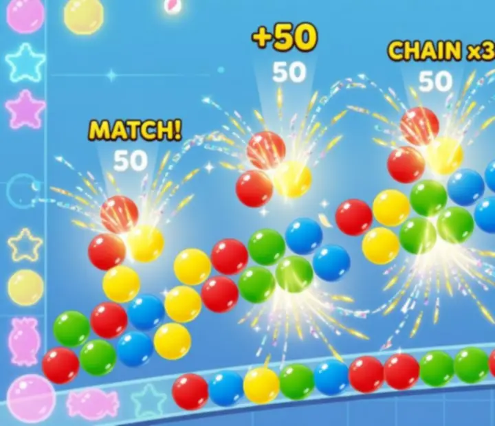 Diagram showing a color chain reaction combo in Sweet Bubble Shooter with multiple groups of matching bubbles connecting after a single shot