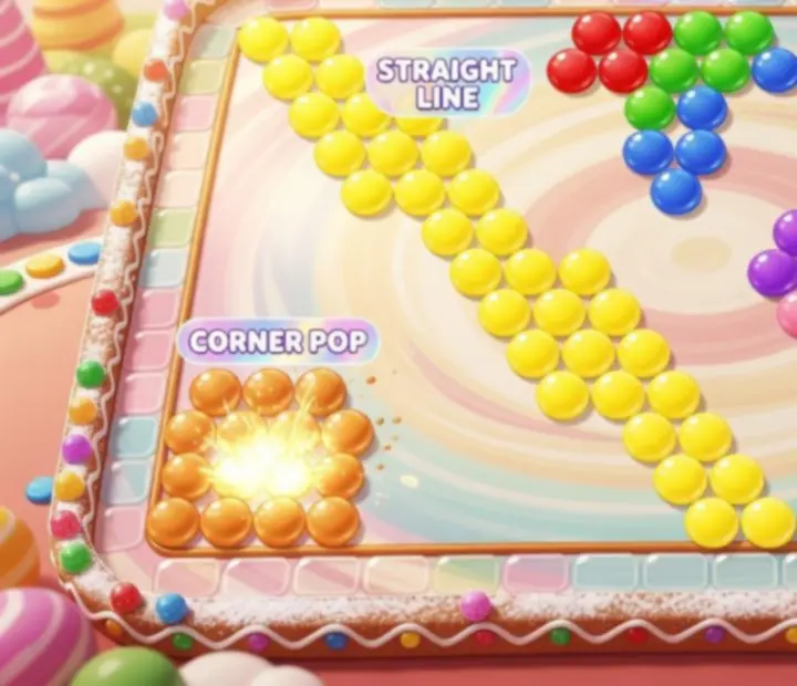 Visual breakdown of T-shape, straight line, cluster, edge bounce, and corner pop combo patterns in Sweet Bubble Shooter
