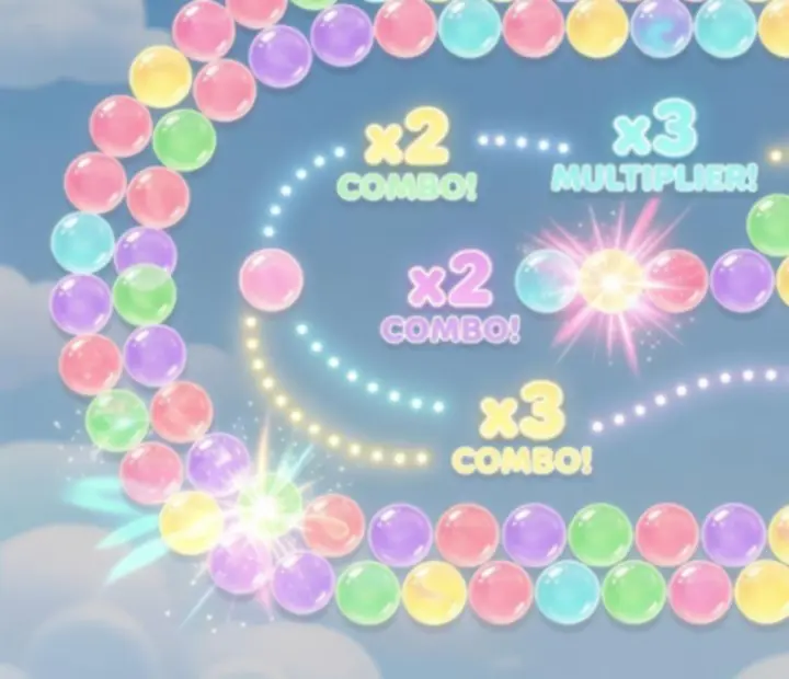 Illustration of a Sweet Bubble Shooter board showing a planned combo where multiple groups of bubbles will fall after a single targeted shot