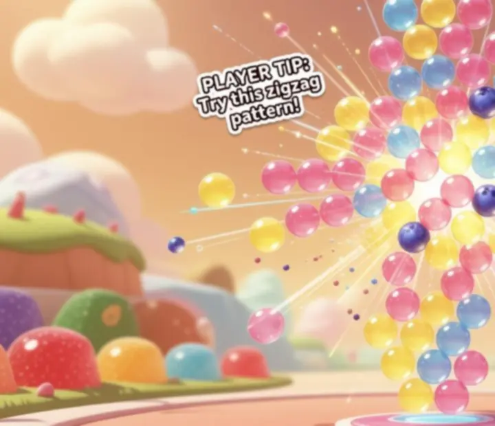 Annotated community screenshots showcasing creative combo routes and chain reactions in Sweet Bubble Shooter