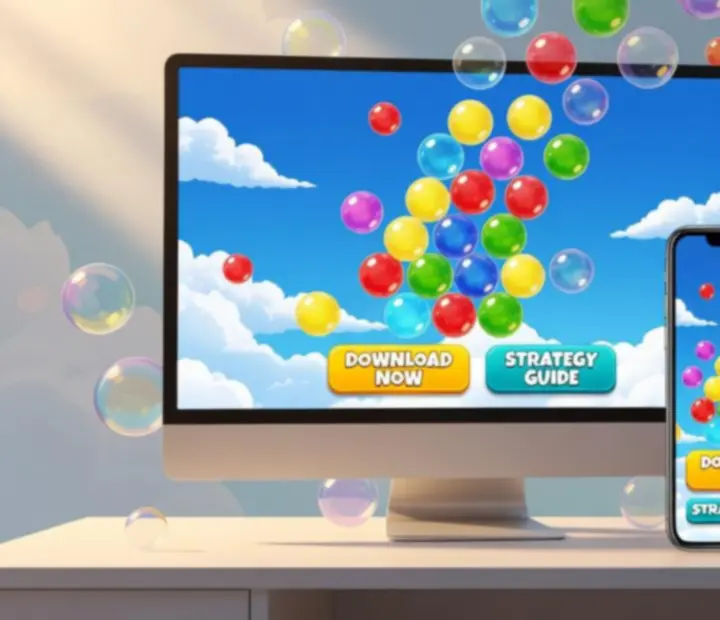 Colorful candy bubbles bursting across a bright sky, representing Sweet Bubble Shooter downloads