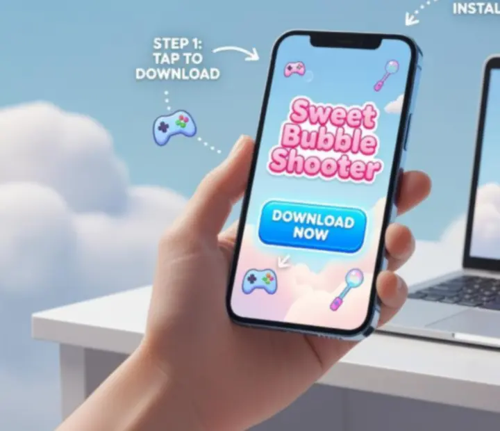 Visual walkthrough of the Sweet Bubble Shooter installation process on different devices