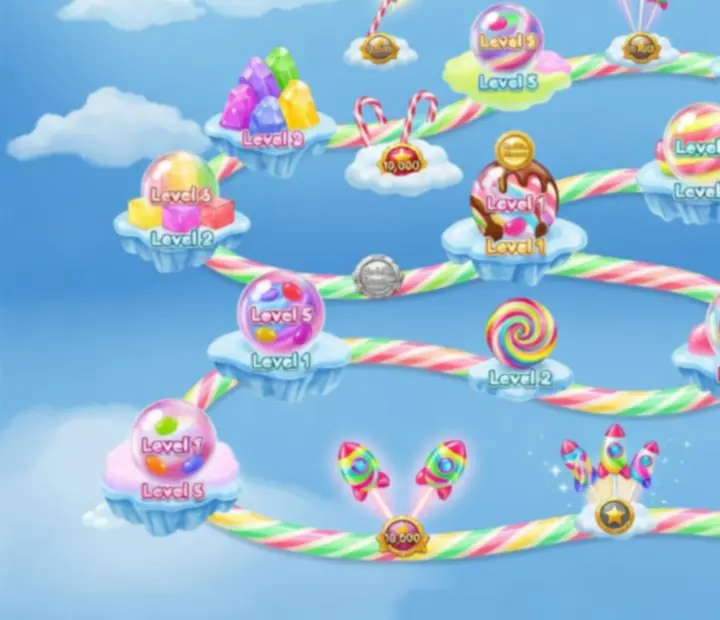 Stylized chapter map showing Sweet Bubble Shooter's level progression structure