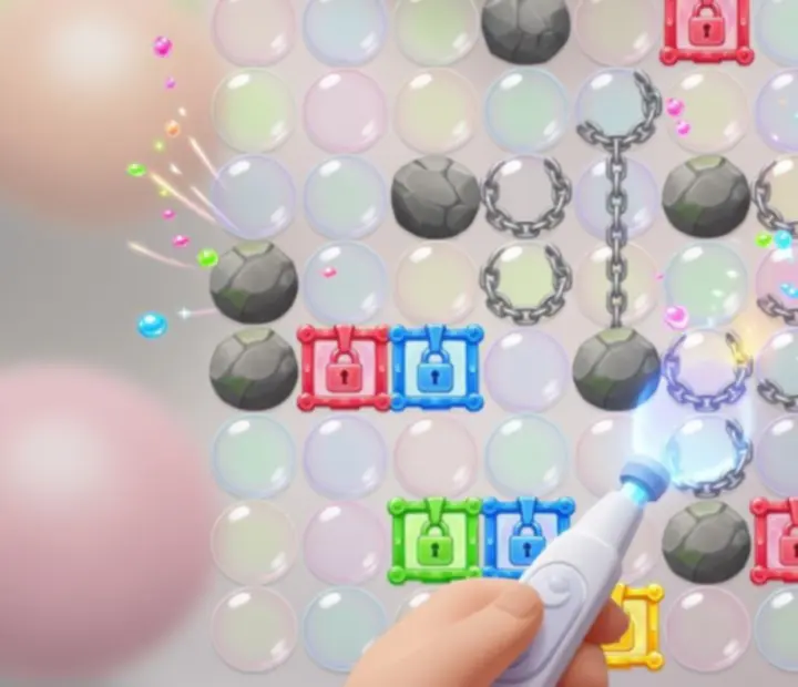 Sweet Bubble Shooter board view highlighting stone bubbles and locked cells with suggested paths for clearing them efficiently