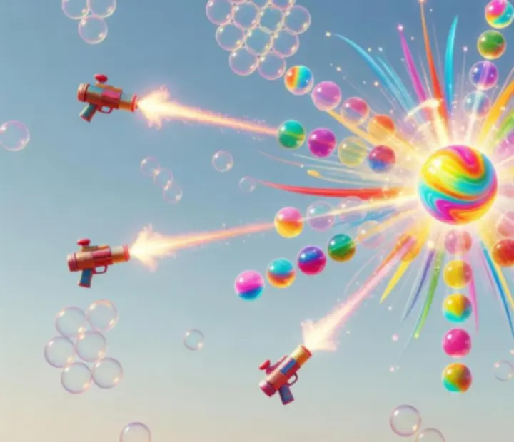 Visual overview of Sweet Bubble Shooter power-up effects such as rainbow bombs and directional blasters
