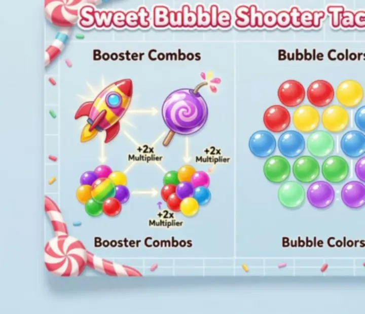 Strategy guide card showcasing Sweet Bubble Shooter tactical tips